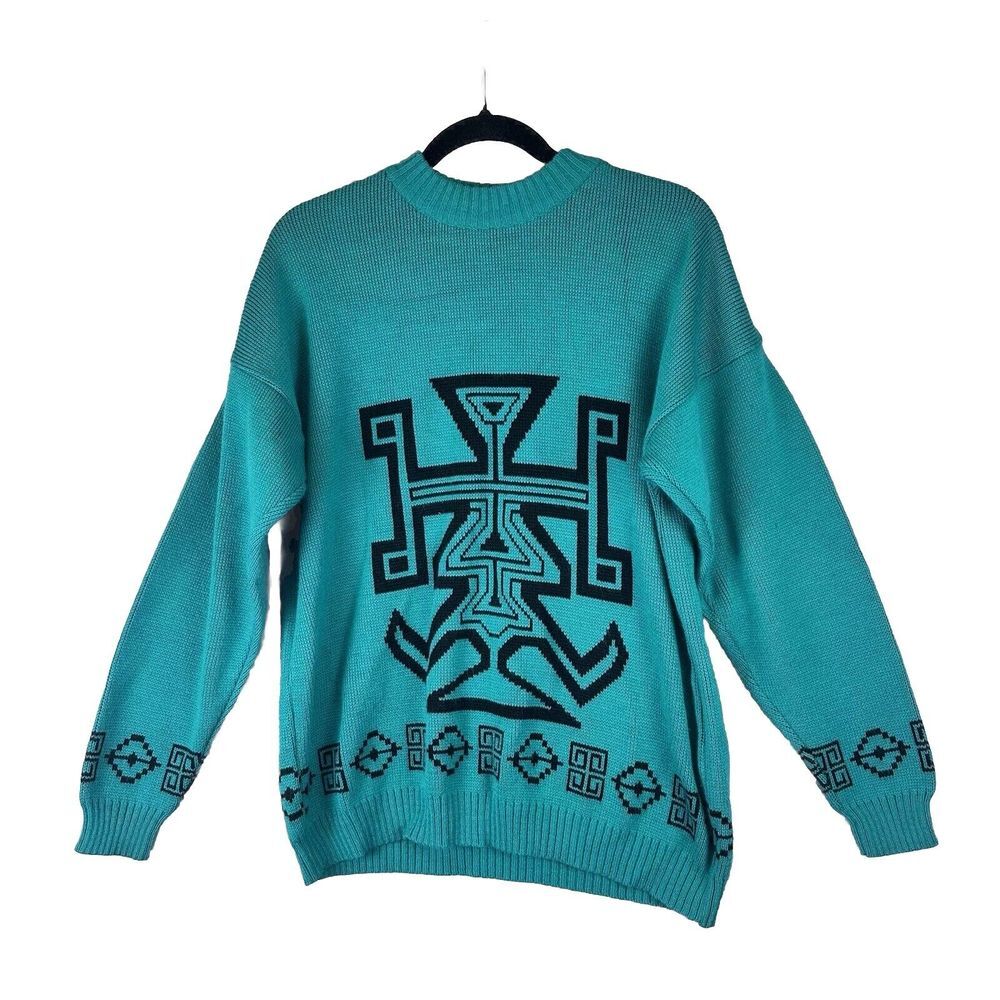 Vintage 80s Cable Knit Fisherman's Sweater Crew Geometric Aztec Tribal Western L